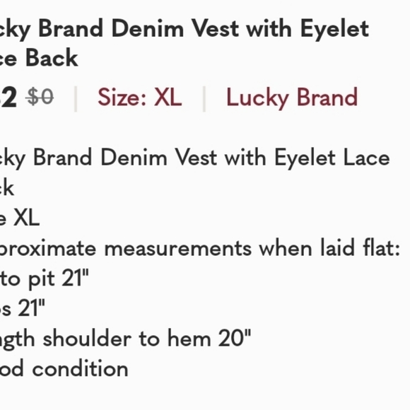 Lucky Brand Denim Vest with Eyelet Lace Back XL - Picture 7 of 7